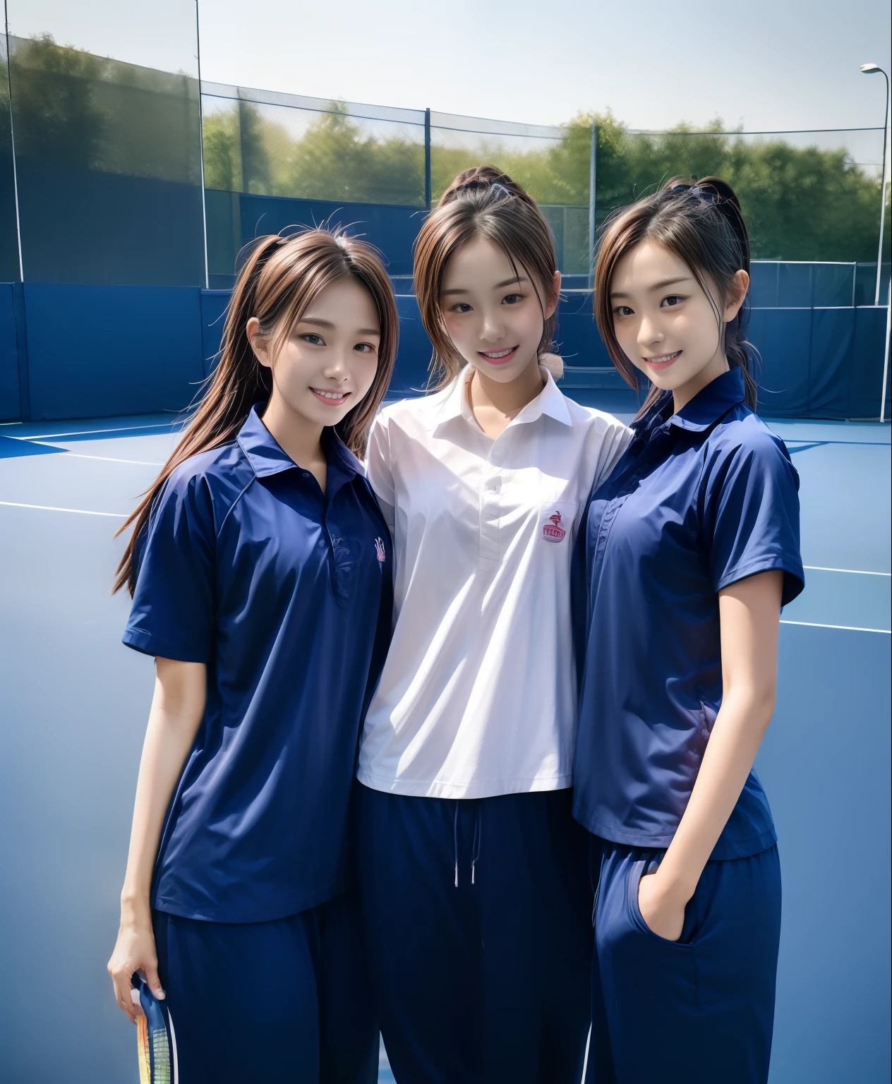 3 girls play tennis at tennis courts, Navy blue short-sleeved shirt,Navy Long Trackpant,Sweatpants, Sweatpantsขายาว,25 year old girl, lesbian, sexy, exercise clothes, wet body, exercise clothes