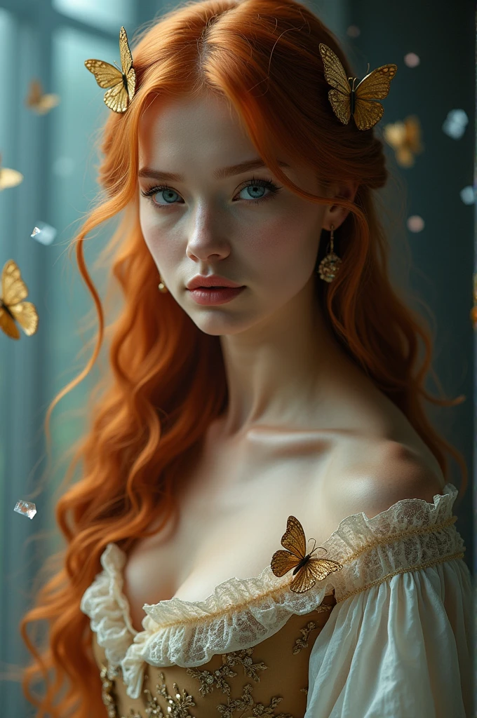 (solo, full body photo:1.3), (action packed:1.3), (haze, fog, mist:1.3), chiaroscuro, best quality, photorealistic, 1woman, (cute), (24yo:1.2), redhead, long ginger hair highly detailed, 1700'S, digital photography, art by artgerm and ruan jia and greg rutkowski surreal painting gold butterfly filigree, broken glass, (masterpiece, sidelighting, finely detailed Fashionable eyes: 1.2) (perfect oval large eyes that gazes at the viewer), beautiful detailed face, blue gorgeous perfect eyes, (blonde hair ponytail), (attractive young woman:1.3), (thick amazing hair), (seductive:1.1), (blushing:1.1)