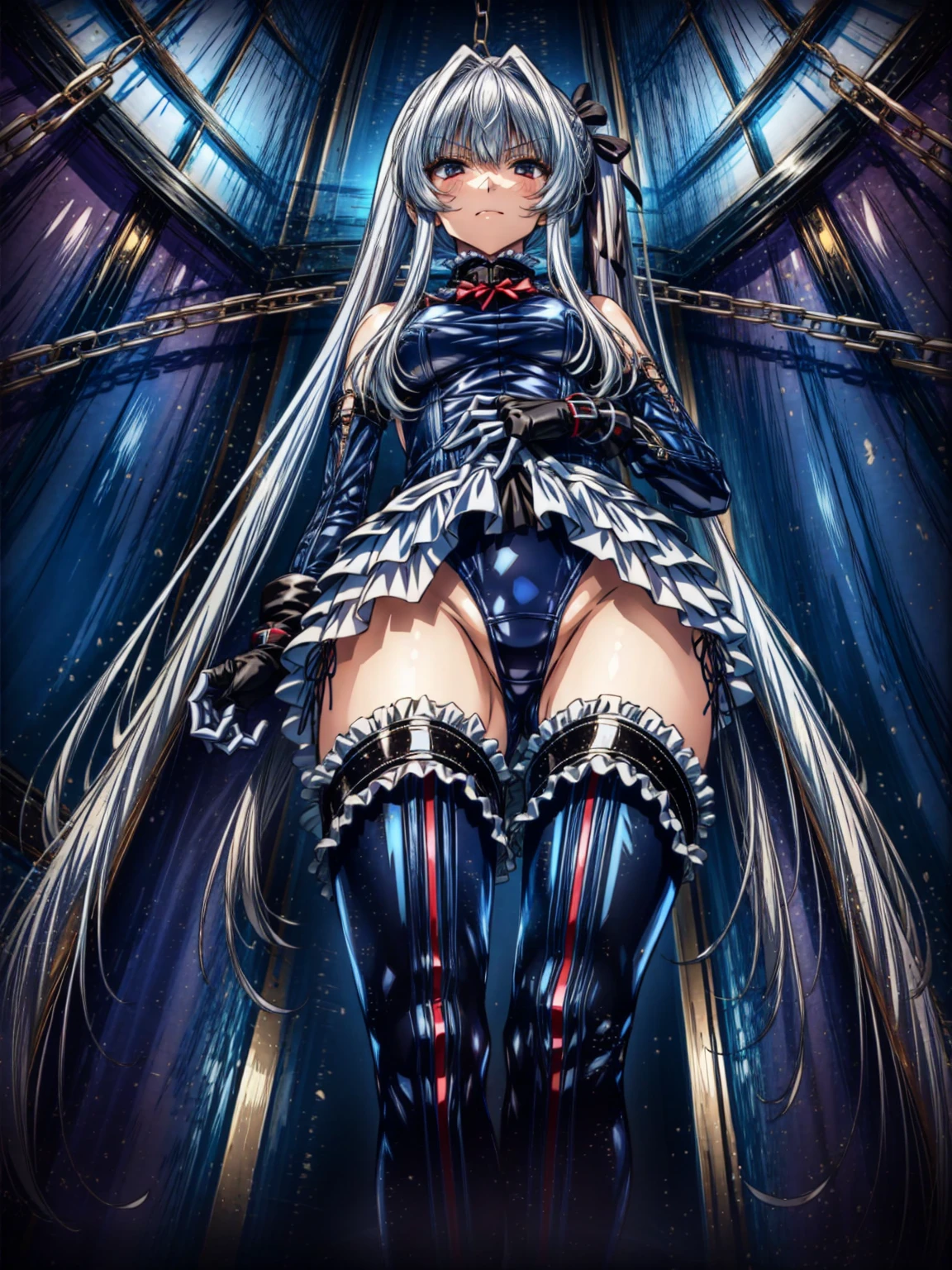 Perfect Anatomy, Highest quality, Rose,,Provocative attitude
(Inside a futuristic base:1.1)(Emotionless,Expressionless:1.4),Anime Style,(Frilled swimsuit, Knee socks, Removed sleeve), (Anime Style:1.4) ,(Three Girls:1.5),
Silver Hair,(White fingers:1.1,Black gloves),Very long hair,Evil Aura,(From directly below:1.4),whole body,Spread your legs,Collar with chain