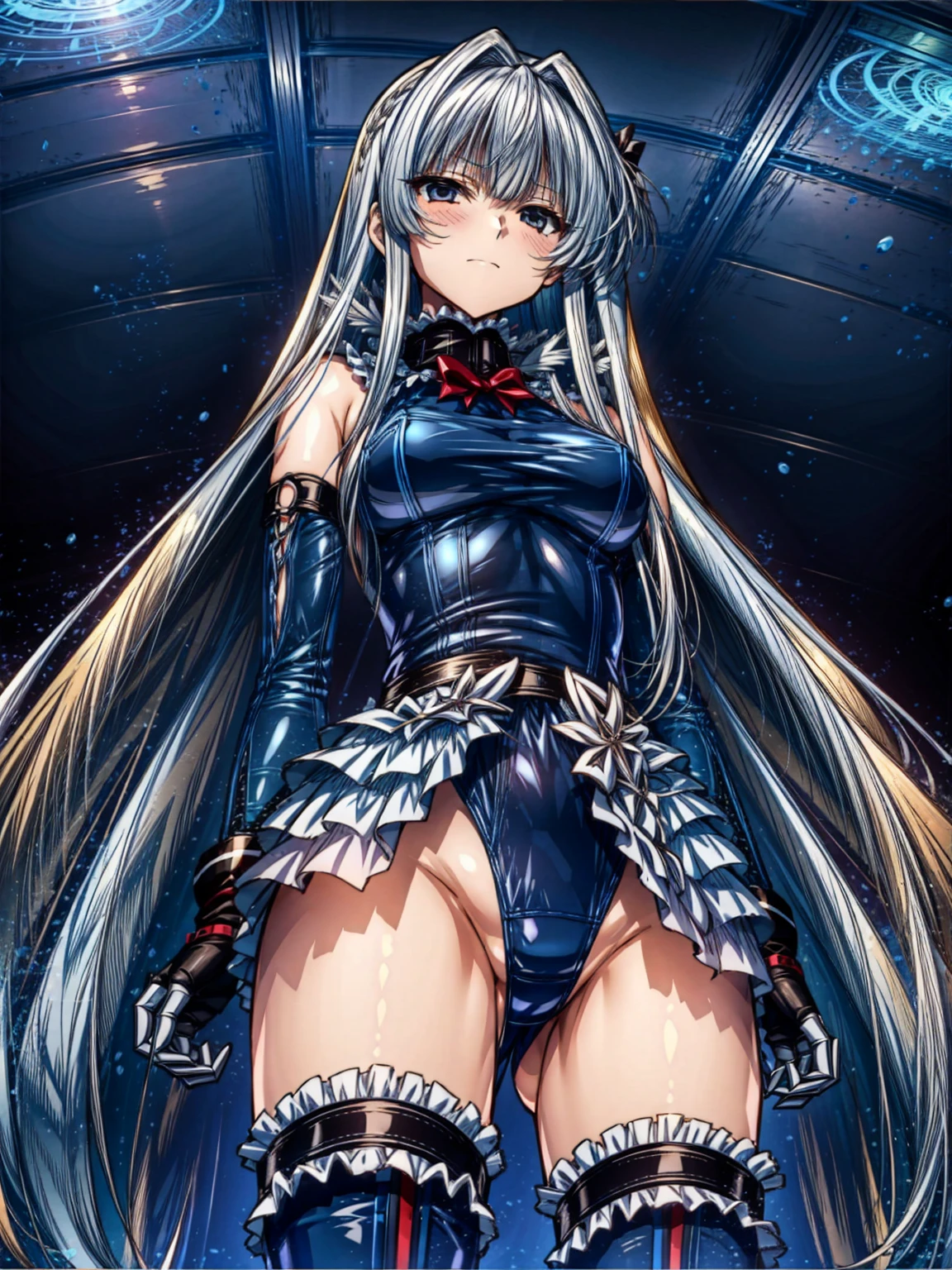 Perfect Anatomy, Highest quality, Rose,,Provocative attitude
(Inside a futuristic base:1.1)(Emotionless,Expressionless:1.4),Anime Style,(Frilled swimsuit, Knee socks, Removed sleeve), (Anime Style:1.4) ,(Three Girls:1.5),
Silver Hair,(White fingers:1.1,Black gloves),Very long hair,Evil Aura,(From directly below:1.4),whole body,Spread your legs,Collar with chain