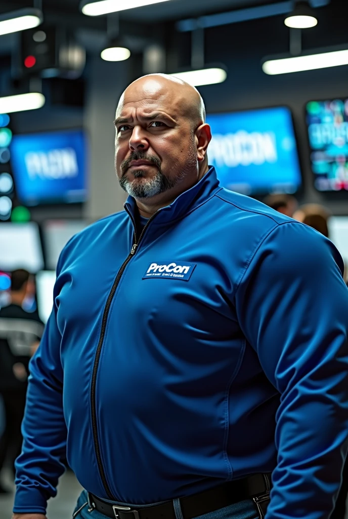 A BALD, FAT MAN WITH A PRCON UNIFORM IN SUPER STRONG BLUE WITH THE PROCON LOGO