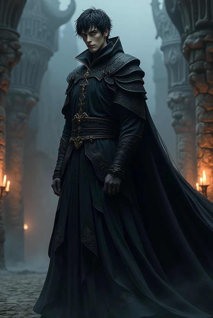 Anime man in black medieval clothes with gray eyes and a serious expression 
