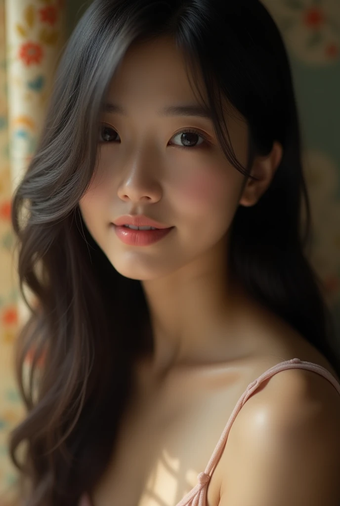 Close-up of the cleavage of a fair-skinned young Japanese woman。