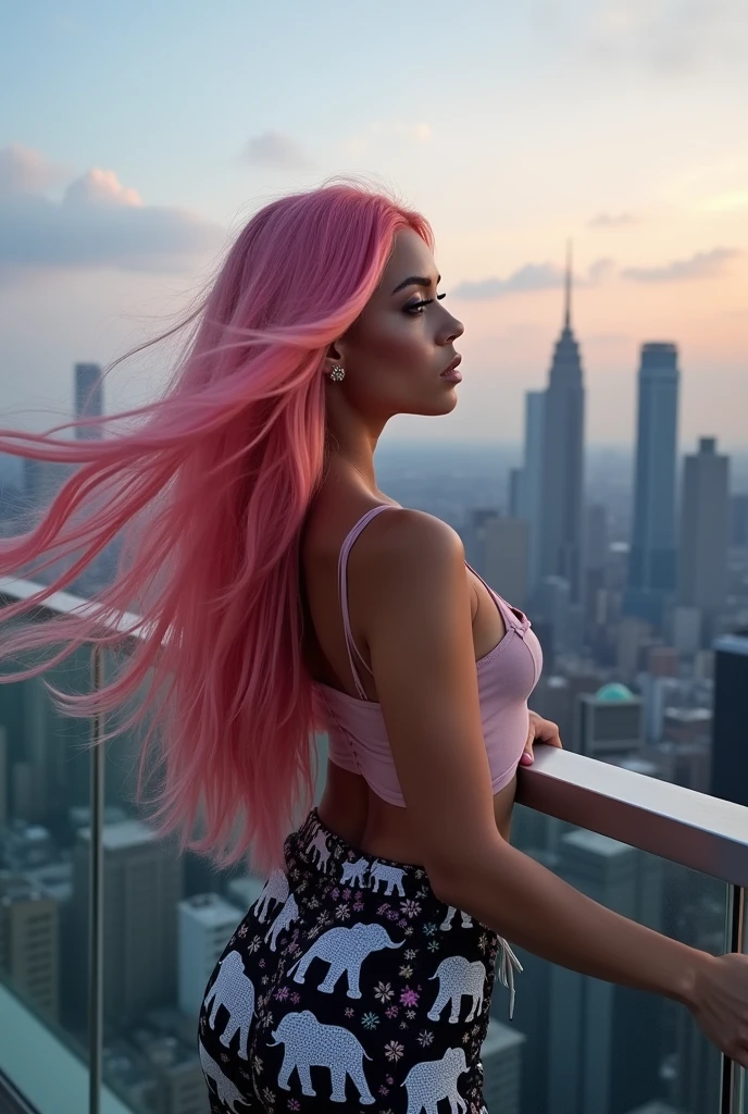 (photorealism:1.2), beautiful woman,changpant, elephant-patterned pants, a beautiful 25-year-old woman with long pink hair in a sheer crop top, leaning against a balcony railing with a city skyline behind her, the wind teasing her hair.