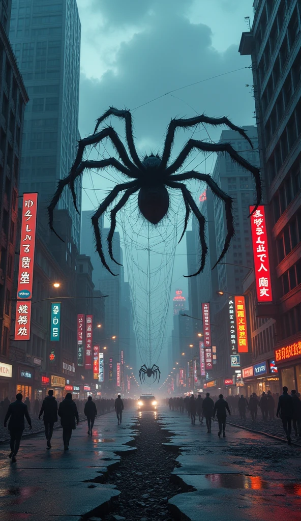 The road has a big crack in the middle of the city, There are huge spiders crawling out of the cracks spiders as big as buildings
