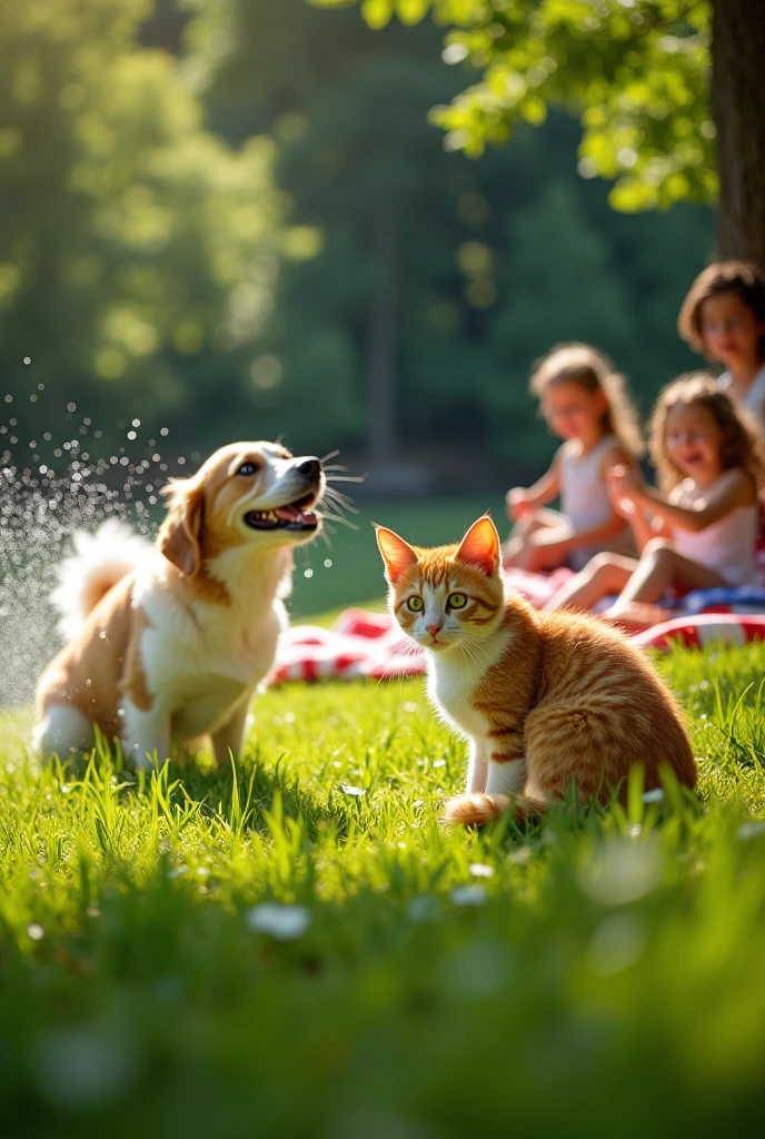 young ginger cat with dark green eyes and white cat sitting on the lawn, a dog shakes off water on the river bank, in the background on the lawn is a family with children on a picnic