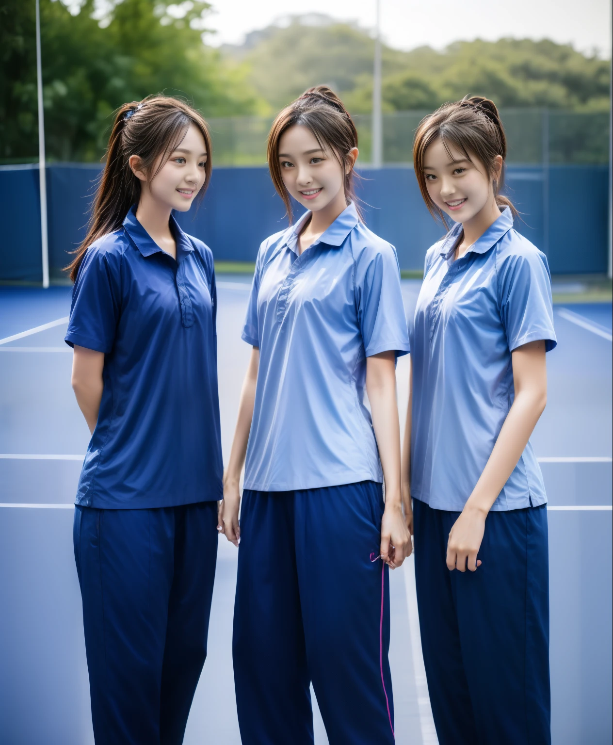3 girls play tennis at tennis courts, Navy blue short-sleeved shirt,Navy Long Trackpant,Sweatpants, Sweatpantsขายาว,25 year old girl, lesbian, sexy, exercise clothes, wet body, exercise clothes