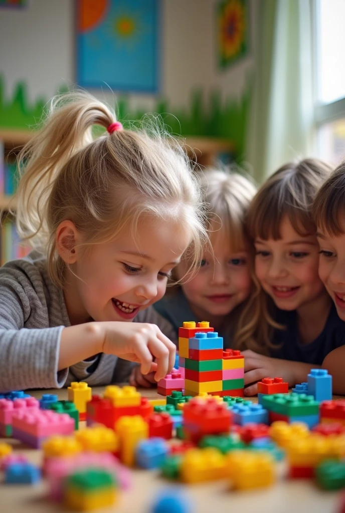  8  blonde playing with 4 children. L'image se déroule à la crèche. On voit tout les têtes des enfants. The girl doesn&#39;t know what she&#39;s photographing. she tries to assemble Lego. Les autres enfants essaie de l'aider. The image is taken with a phone. On voit clairement l'arrière plan. 