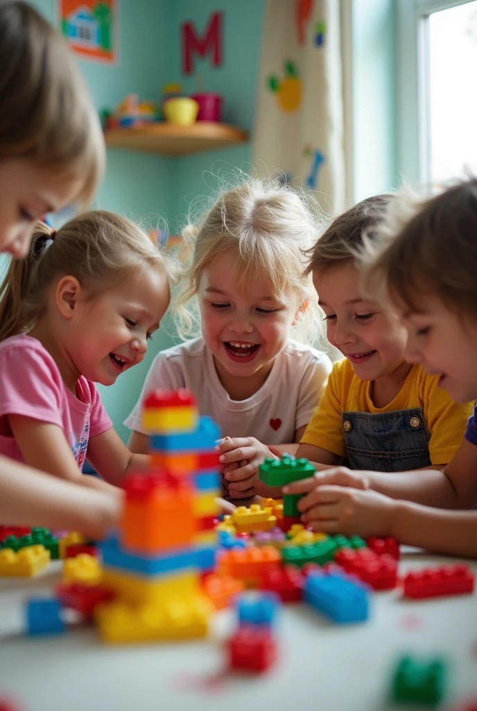  8  blonde playing with 4 children. L'image se déroule à la crèche. On voit tout les têtes des enfants. The girl doesn&#39;t know what she&#39;s photographing. she tries to assemble Lego. Les autres enfants essaie de l'aider. The image is taken with a phone. On voit clairement l'arrière plan. 