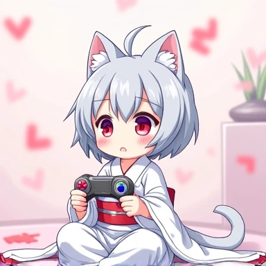 One Woman,Gray Hair,Cat ear,((Chibi Character)) Heterochromia iridis,Red eyes,,White kimono,Playing video games,Have a game controller,Enter your text in the bottom right corner of the fantasy image,A very popular font,