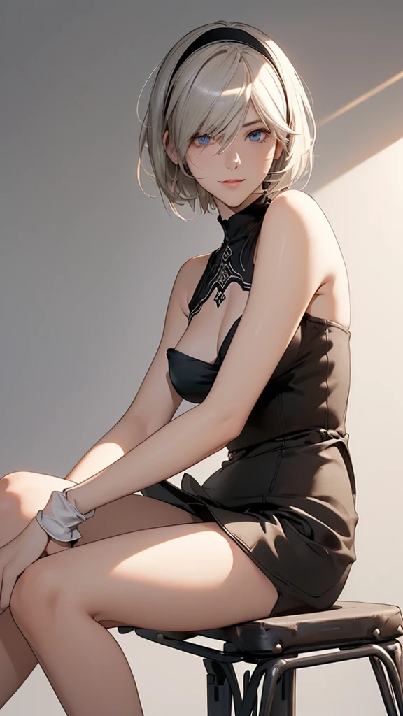(from below),{erotic face,looking away,enchanting smile}, BREAK,{solo, (2B of Nier Automa:1.4)), (skinny body,thin thighs:1.2,small breasts),(lightbrown_lightwhite colored hair:1.4, short cut hair,hide left eye with bangs:1.2), (small mouth:1.2),(narrow and sharp eyes:1.4,blue-glay eyes,sparkling eyes:1.1),(black hairband:1.4),BREAK,{(Sit on a metal bar stool with a high seat:1.4),(plain background:1.4),(cast a shadow on the background:1.4)},{(masterpiece,best quality, 8K UHD, extremely detailed CG, detailed beautiful face and eyes and skin and hair)},