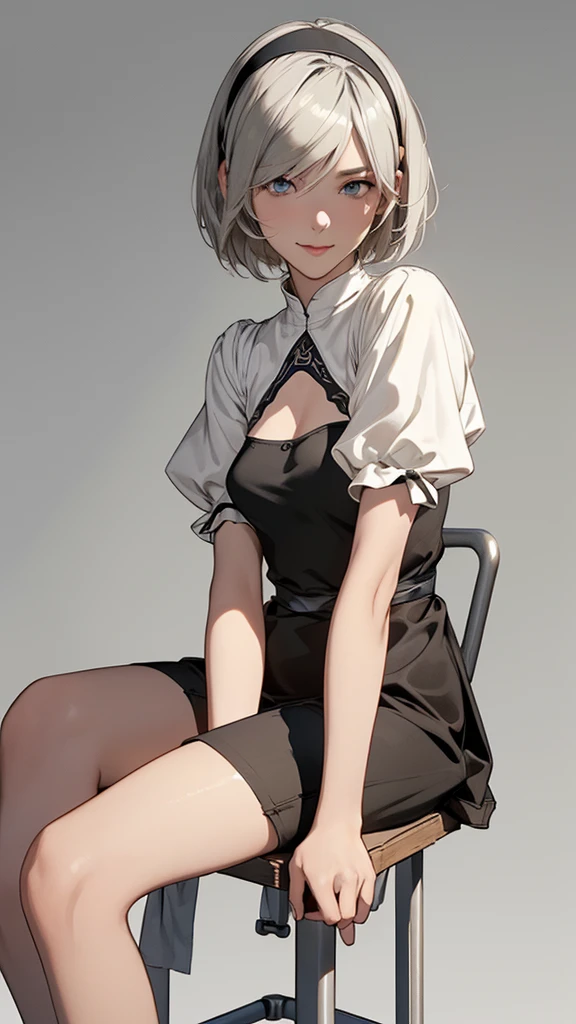 {(masterpiece,best quality, 4K portrait, 8K anime art,extremely detailed CG, detailed beautiful face and eyes and skin and hair)},(from below),{erotic face,looking away,enchanting smile}, BREAK,{solo, (2B of Nier Automa:1.4), (skinny body,thin thighs:1.2,small breasts),(lightbrown_lightwhite colored hair:1.4, short cut hair,hide left eye with bangs:1.2), (small mouth:1.2),(narrow and sharp eyes:1.4,blue-glay eyes,sparkling eyes:1.1)},{(2B clothes:1.4),(black hairband:1.4),(black stockings:1.4),(black over-the-knee boots:1)},BREAK,{(Sit on a metal bar stool with a high seat:1.4),(plain background:1.4),(cast a shadow on the background:1.4)}
