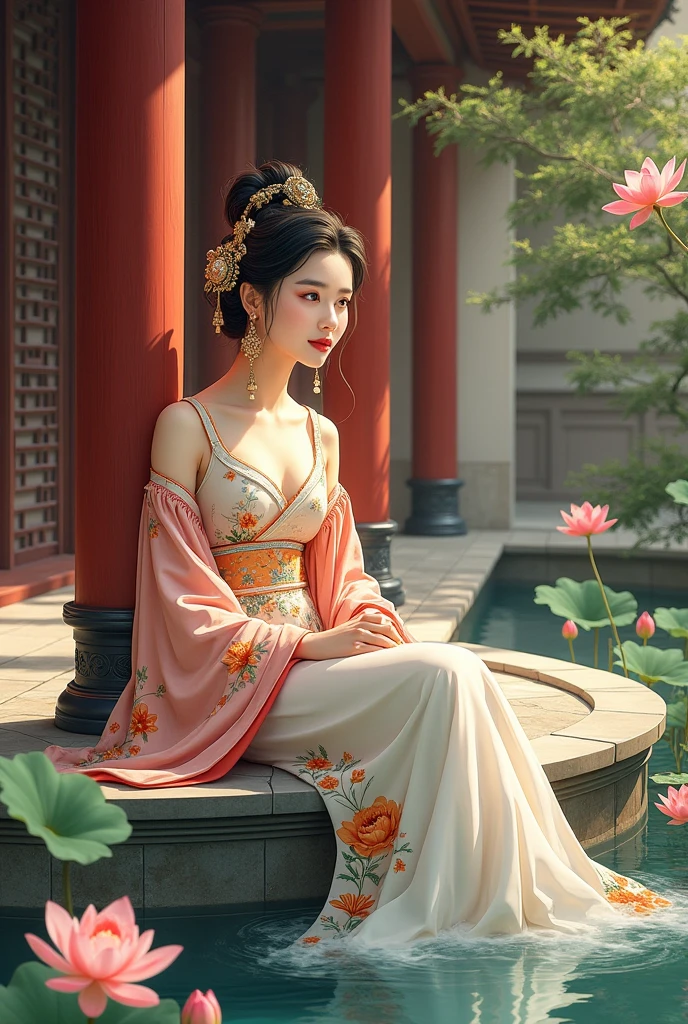 A beautiful and lovely Chinese beauty wearing ancient Qing Dynasty clothing,Sitting by the lotus pond in the palace。She has delicate features,Exquisite makeup,Traditional dress with floral patterns。Background incorporates classical architectural elements,Create the atmosphere。This illustration style showcases intricate details and vibrant colors.。 --ar 3:4