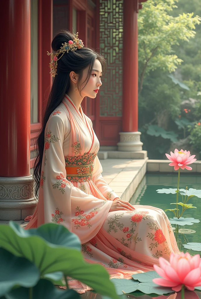 A beautiful and lovely Chinese beauty wearing ancient Qing Dynasty clothing，Sitting by the lotus pond in the palace。She has delicate features，Exquisite makeup，Traditional dress with floral patterns。Background incorporates classical architectural elements，Create the atmosphere。This illustration style showcases intricate details and vibrant colors.。 --ar 3:4