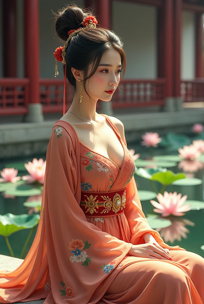 A beautiful and lovely Chinese beauty wearing ancient Qing Dynasty clothing，Sitting by the lotus pond in the palace。She has delicate features，Exquisite makeup，Traditional dress with floral patterns。Background incorporates classical architectural elements，Create the atmosphere。This illustration style showcases intricate details and vibrant colors.。 --ar 3:4