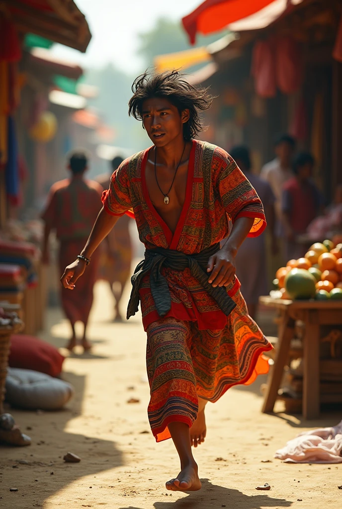 Burmese young man running from chasing In 1800 with Burmese traditional clothes longyi . Not happy at all.