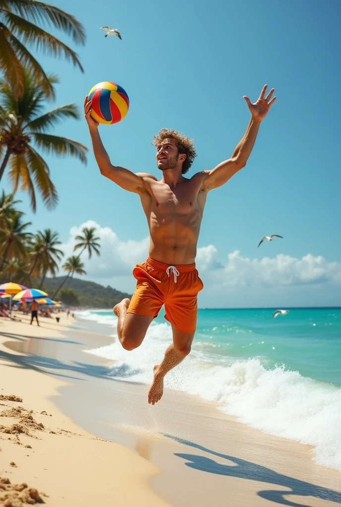 a guy playing ball on the beach