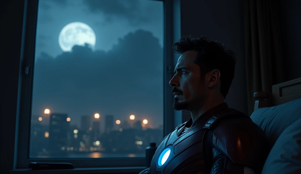 Scene 1: Nightmare
Tony Stark awakens in the middle of the night, haunted by a recurring nightmare of a world he couldn’t save. His room is dark, with only the glow of his arc reactor.