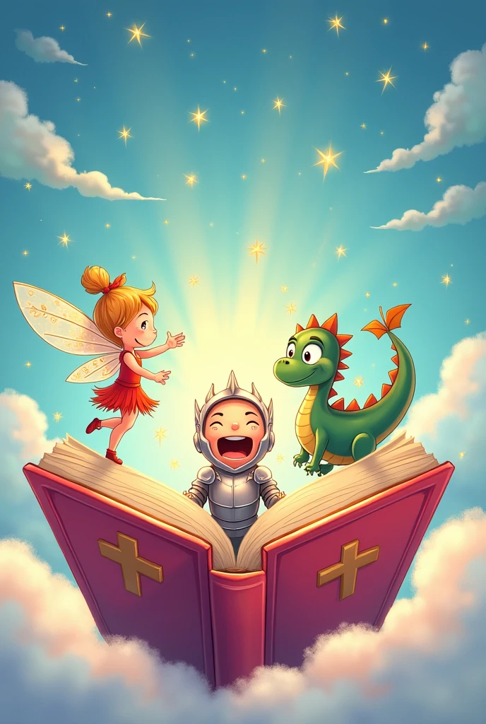 a cartoon drawing of an open book with several enchanted characters coming out of it