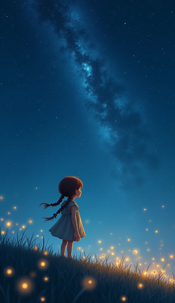 A girl looking up at the starry sky on a hill