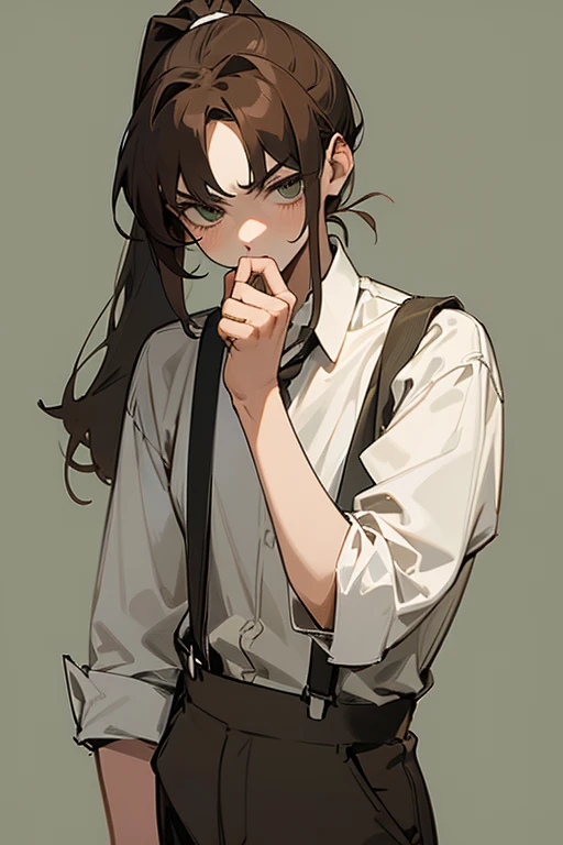 19 years old, long dull brown hair, tied in a high ponytail, fringe divided into three, faint green eyes squinted, serious and relaxed face, white shirt, muted brown pants with suspenders.