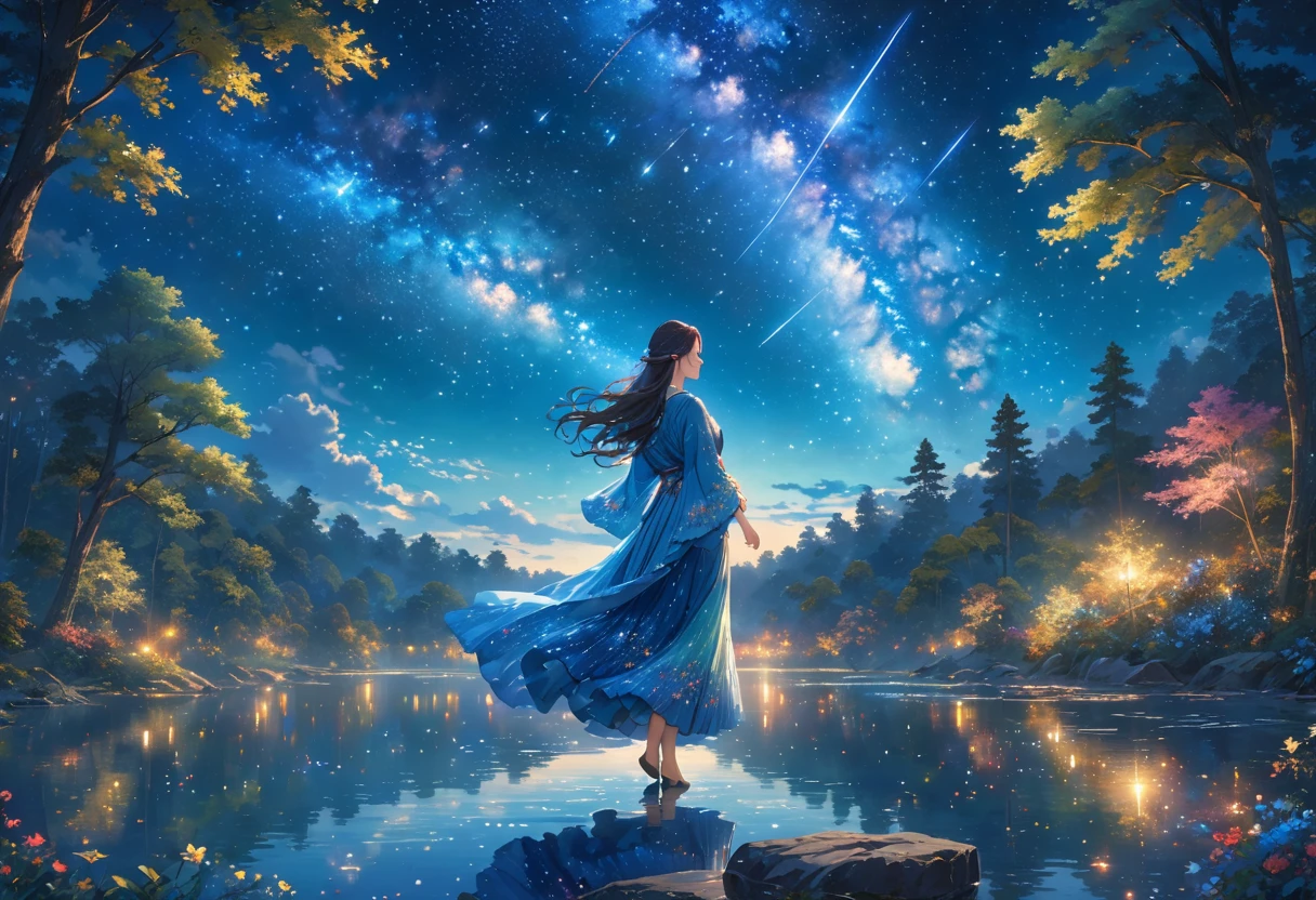 A woman in a beautiful feathered robe is dancing.,night,fantasy forest,night景,Firefly,lake,Crystal Sparkle,(masterpiece, Highest quality, Highest quality, Official Art, beautifully、beautiful:1.2,Ray Tracing),Very detailed,Blue tones,well-proportioned body,Long Hair,Long Shot,milky way,nebula,Starry Sky,shooting star