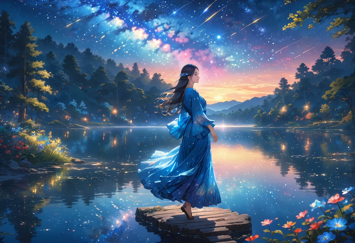 A woman in a beautiful feathered robe is dancing.,night,fantasy forest,night景,Firefly,lake,Crystal Sparkle,(masterpiece, Highest quality, Highest quality, Official Art, beautifully、beautiful:1.2,Ray Tracing),Very detailed,Blue tones,well-proportioned body,Long Hair,Long Shot,milky way,nebula,Starry Sky,shooting star