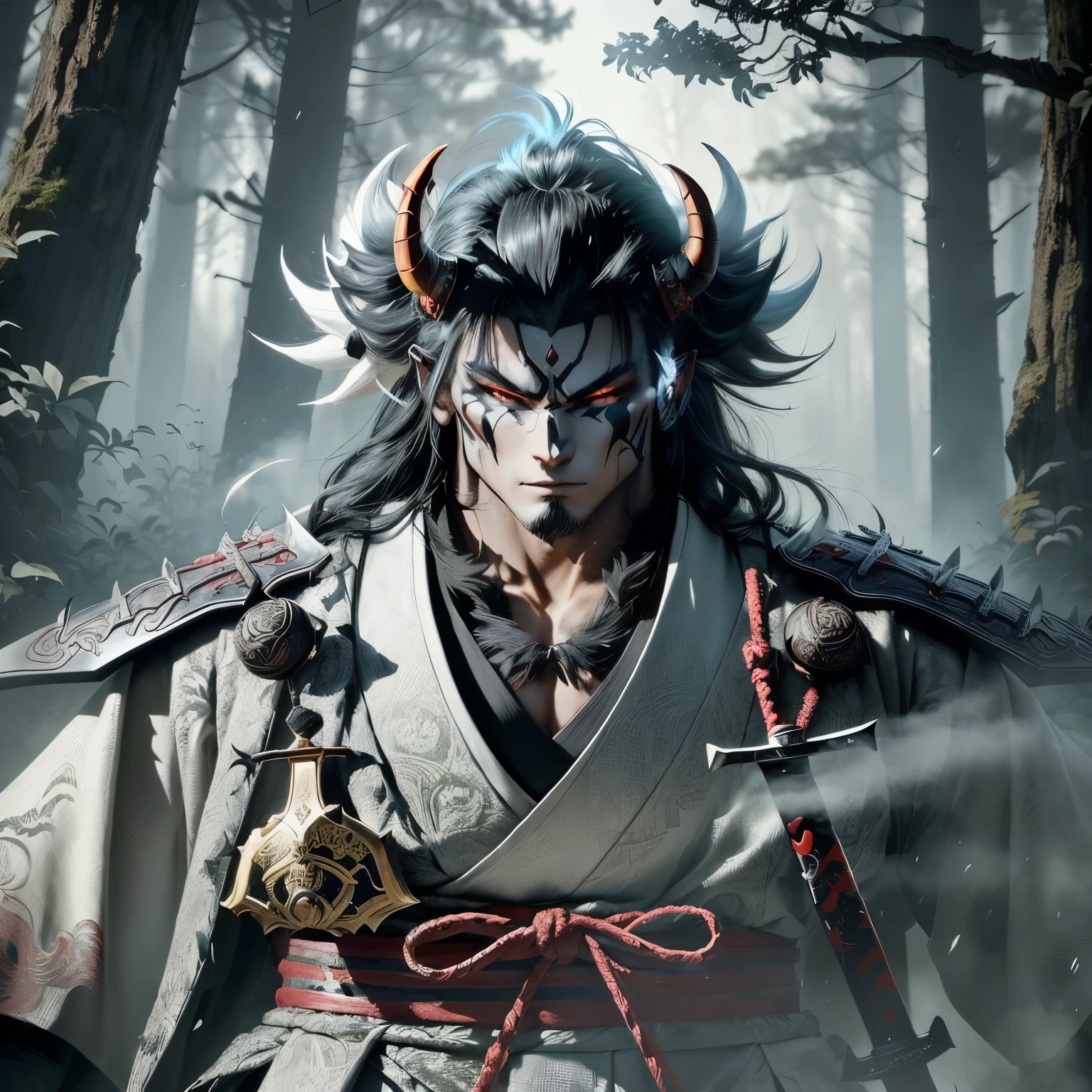 A cartoon character with a horned face and a sword is standing in a forest, demon warrior, Samurai wearing a demon mask, Fit male demon with white horns, 詳細なwarrior道の形の煙, demon samurai, 2. 5d cgi anime fantasy artwork, Handsome Japanese Devil Boy, Full body martial arts, Amazing anime 8k, warrior, Beautiful male grim reaper, Take off