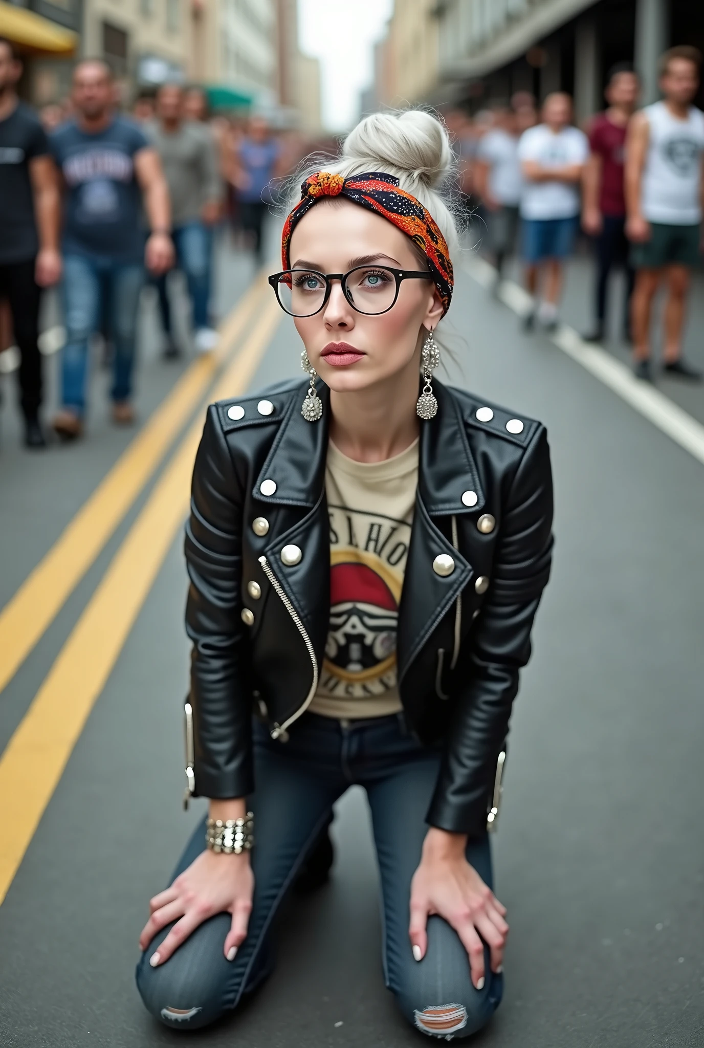 russian milf woman, grey hair (huge top bun) and bandana as headband (big maxi glasses), with very light blue eyes, extremely pale. Wearing cropped black moto jacket with lots of zippers and pins, raggy cropped t-shirt with guns and roses logo, dark skinny blue jeans with holes and white tennis sneakers  . Lots of metallic bracelets and collars. Tacky wide leather belt with oversized buckle. Long earrings. Kneeling like in a payer, looking up, eyes and mouth wide open in amazement. Hands on her knees. Listening in amazement to somebody speaking to her, toned six pack abdominals, thin legs and thin arms. A lot of people behind