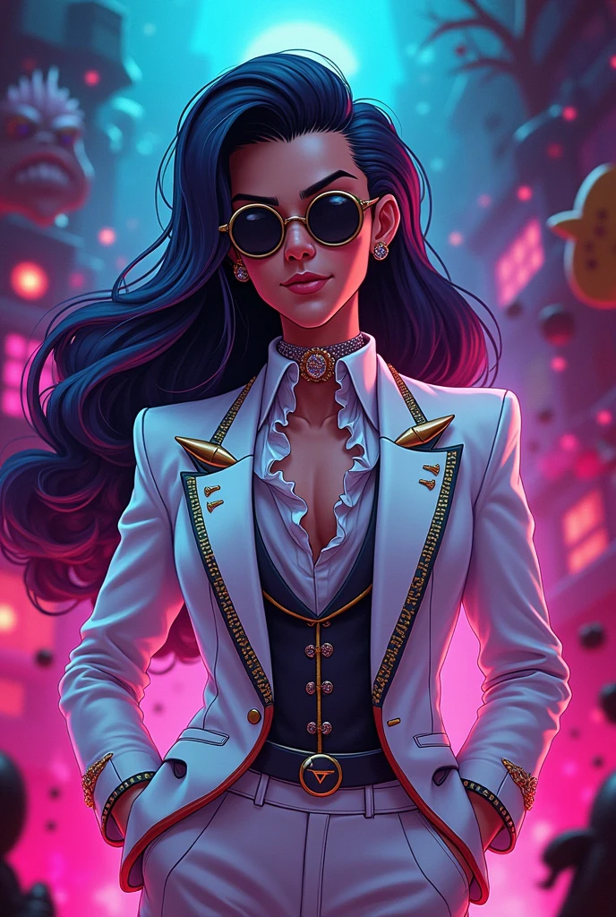(Hazbin Hotel toon drawing style image) In Hazbin Hotel/Hell, Anthony,a male sinner sport a stylish, flamboyant outfit reminiscent of 80s fashion: a white blazer with vibrant accents, a ruffled shirt, and flashy accessories. HIS hair is long and voluminous, reflecting the iconic style of the era.