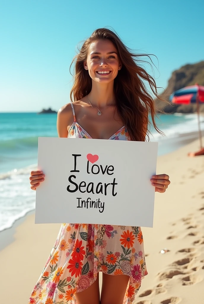 Beautiful girl with wavy long hair, bohemian dress, holding a white board with text "I Love Seaart Infinity" and showing it to the viewer