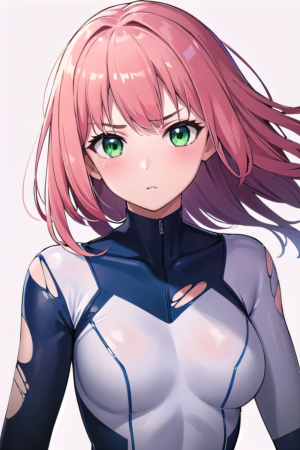 1girl,Samus aran,solo,green eyes, pink hair, forehead   hair, white zero suit,white body suit,purple stripes,cowboy shot,blush,,Science fiction,ultra-detailed,sharp focus,aesthetic,(best quality), white background, (torn clothes:1.2)