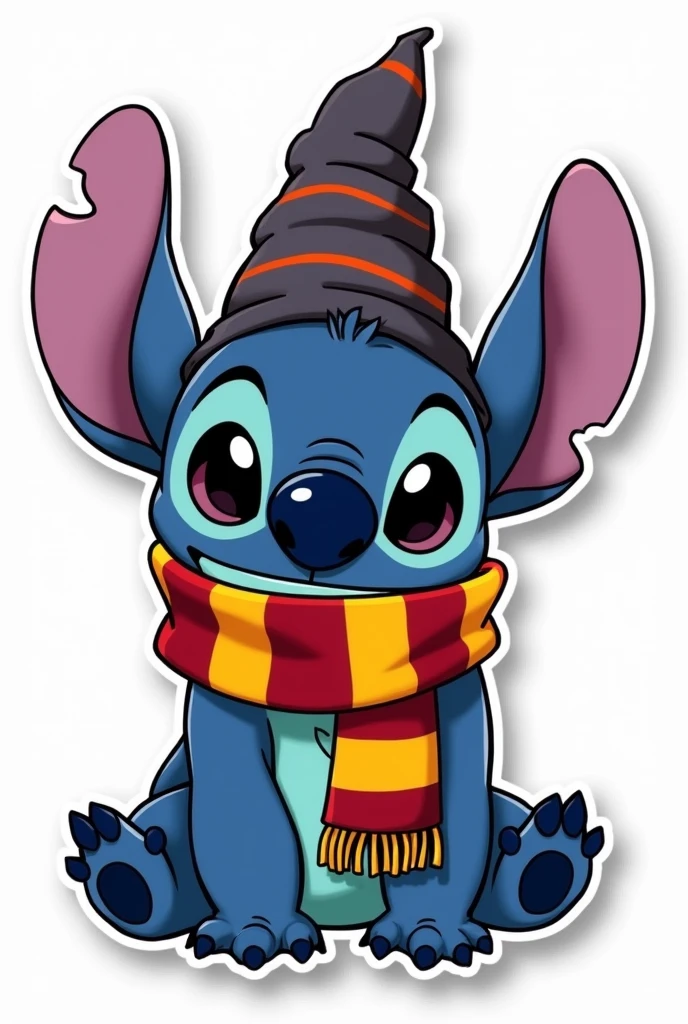 harry potter stitch, seated, with scarf, with hat, sticker, Transparent background, without shadow