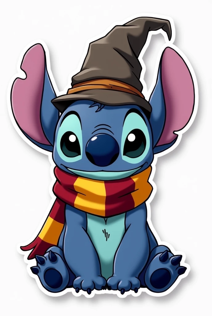 harry potter stitch, seated, with scarf, with hat, sticker, Transparent background, without shadow