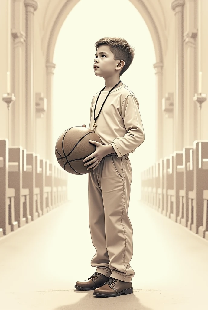 Pencil drawing of a boy taking communion standing up, rosary around the neck, long beige pants, white long sleeve shirt, Brown shoes, with a basketball in his hands . looking ahead 