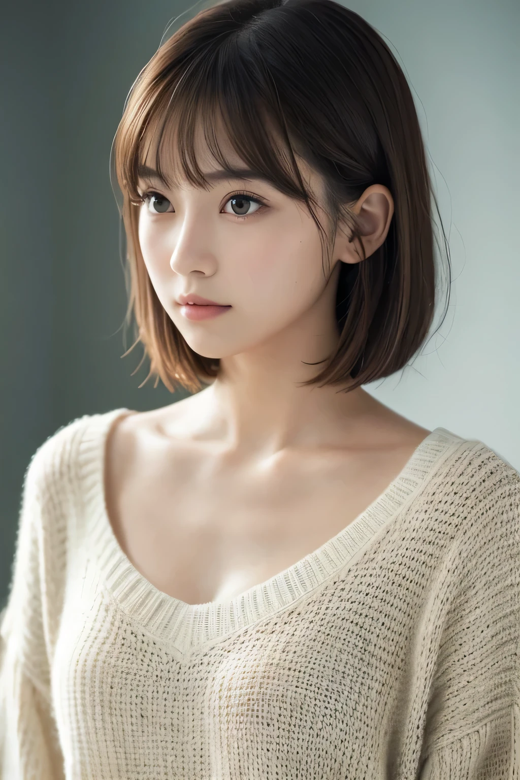 masutepiece, Best Quality, 8K, 20 yo, large full breasts, cute little, Solo, sad, Cute, Girly, Delicate girl, Neat and clean beauty, Raw photo, Professional Photography, Portrait, Soft light, Professional Lighting, Back lighting, Upper body, Looking away, Sophisticated, Film grain, (Eyes and faces with detailed:1.0), Short-length floating hair, Beautiful flowing hair, Bangs, Sweaters,