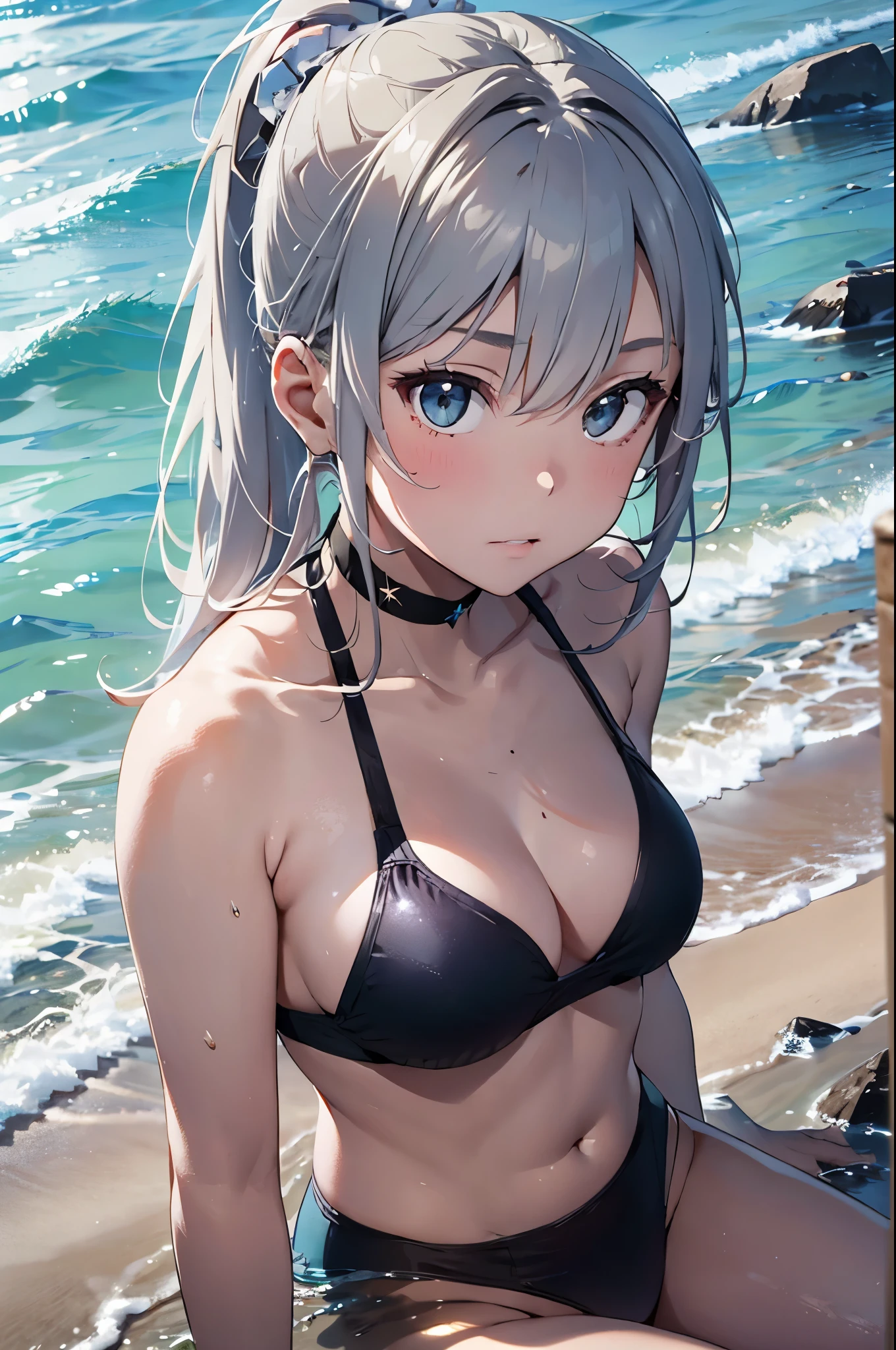 4K,8k,High resolution,
One beautiful young woman,Silver Hair、ponytail、
(Soft Saturation:1.3), (Fair skin:1.2),
(ultra-Detailed Background, Detailed Background), Bokeh,
break'Smiling portrait.,
When viewed from the front, The composition is symmetrical,
Looking straight at you with serious eyes,
break Swimwear, White Bikini, Center of chest,
Outdoor, Sea surface, null, sunlight,Summer beach, Sandy Beach,
Strong light, Front lighting,
(:1.3), (Cowboy Shot:1.2),
Front brake angle,
View your audience,
Dynamic pose,
sitting on the beach
Seaweed、Seaweed、Seaweed、Seaweed、Seaweed、Seaweed、Seaweed、
