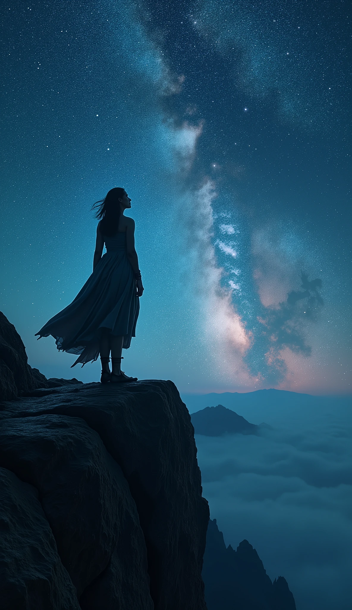 a traveler gazing at the night sky on the edge of a cliff, wind blowing their clothes, sea of stars, silhouette from behind, traveler in the twilight, otherworldly traveler attire, right foot on a rock, close-up, best quality, 8k, highres, masterpiece, ultra-detailed, photorealistic, HDR, studio lighting, extreme detail description, fantasy, moody, cinematic, dramatic lighting