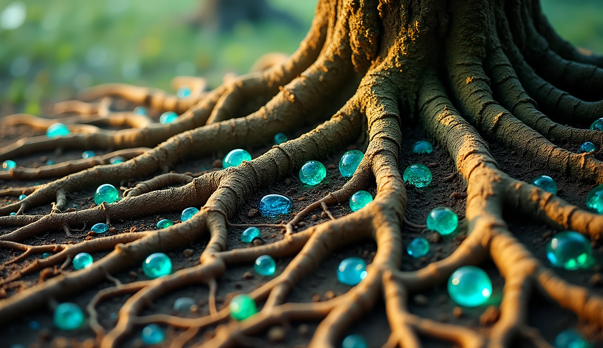 Create a close-up of the roots of this sturdy tree, highlighting how they spread and cling to different types of soil: gem stones, gold, and fertile land. Each root must be strong and thick, symbolizing different investments that support Solomon&#39;s wealth. The scene should emphasize the solidity and security that comes from diversification, showing that, even if a type of soil is shaken, the other roots keep the tree firm and secure.