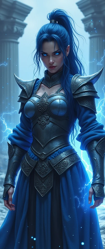 Aletta Ocean, angry evil beautiful and muscular, Nordic female, towering storm Giantess with blue black hair in a ponytail, older and mature woman, throwing a lightning ball, celtic glowing tattoos, wearing nordic steel runic plate mail Armour , temple cave background with lightning storm, glowing blue eyes, square jaw, powerful and imposing, winter clothing, pale blue purple skin, ((full plate celtic dragon armour)), nordic tattoos, fit bodybuilder, facing the camera , ultra detailed