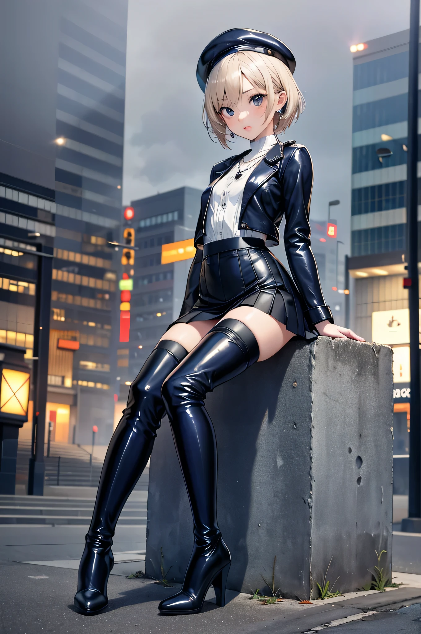 ((Biologically correct limb count)),(( From head to toe,Full-body photo including face)),4K,masterpiece,((Focus on the face)),((Symmetrical facial features)),Eyes with detailed description,Beautiful woman,Great style,Beautiful arms,Beautiful legs,Beautiful Hands,(Small Ass,Thin thighs),Detailed depiction of the face,Small earrings,necklace,(Navy leather clothes,skirt((High heels,Thigh-high boots))),Fantastic photos,Short Hair,Stand at an angle,Meeting,Alluring,beret,(Outdoor,A foggy early morning in Tokyo;1.2),Sitting