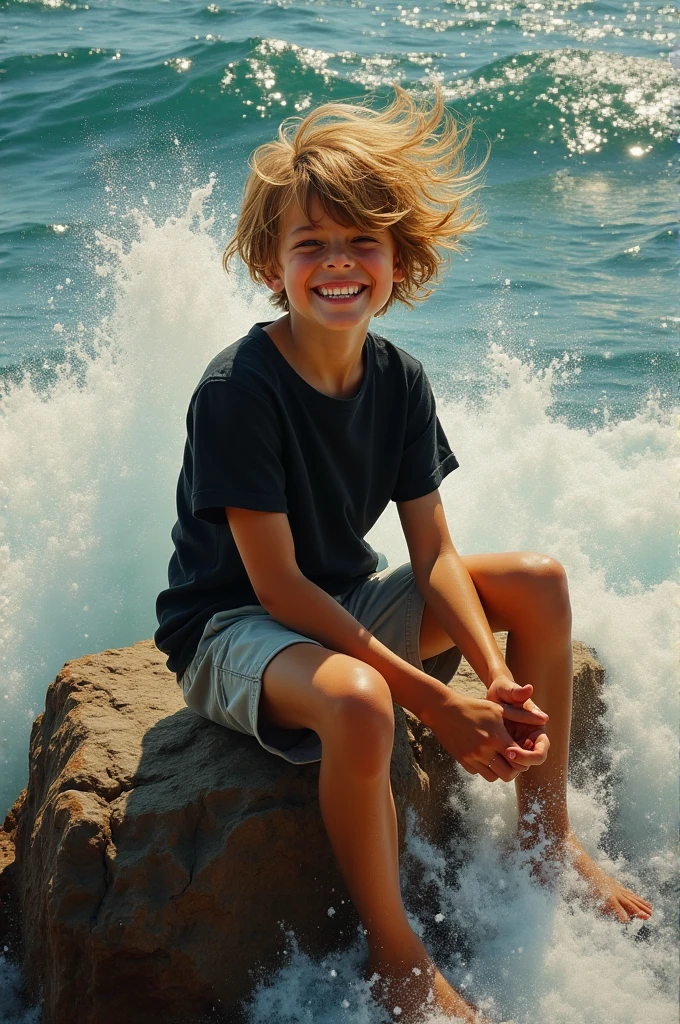 Setting: open sea, 1900
Subject: cute boy seated in a rock in the middle of the ocean, wearing casual attire, surrounded by huge sea waves crashing on him.
Artists: Mann, Gammell, Kley, Goldin, Gerome, Quentin Blake, Damien Hirst, Anne Bachelier, Gibson, Rockwell, Seagrave, Alberto Vargas, N.C. Wyeth, beksinski, Rockwell
Style: hiperrealism
Color Palette:warm tones
Techniques: oil painting
Details:heavy wind, hair, happy mood, black t shirt, smile