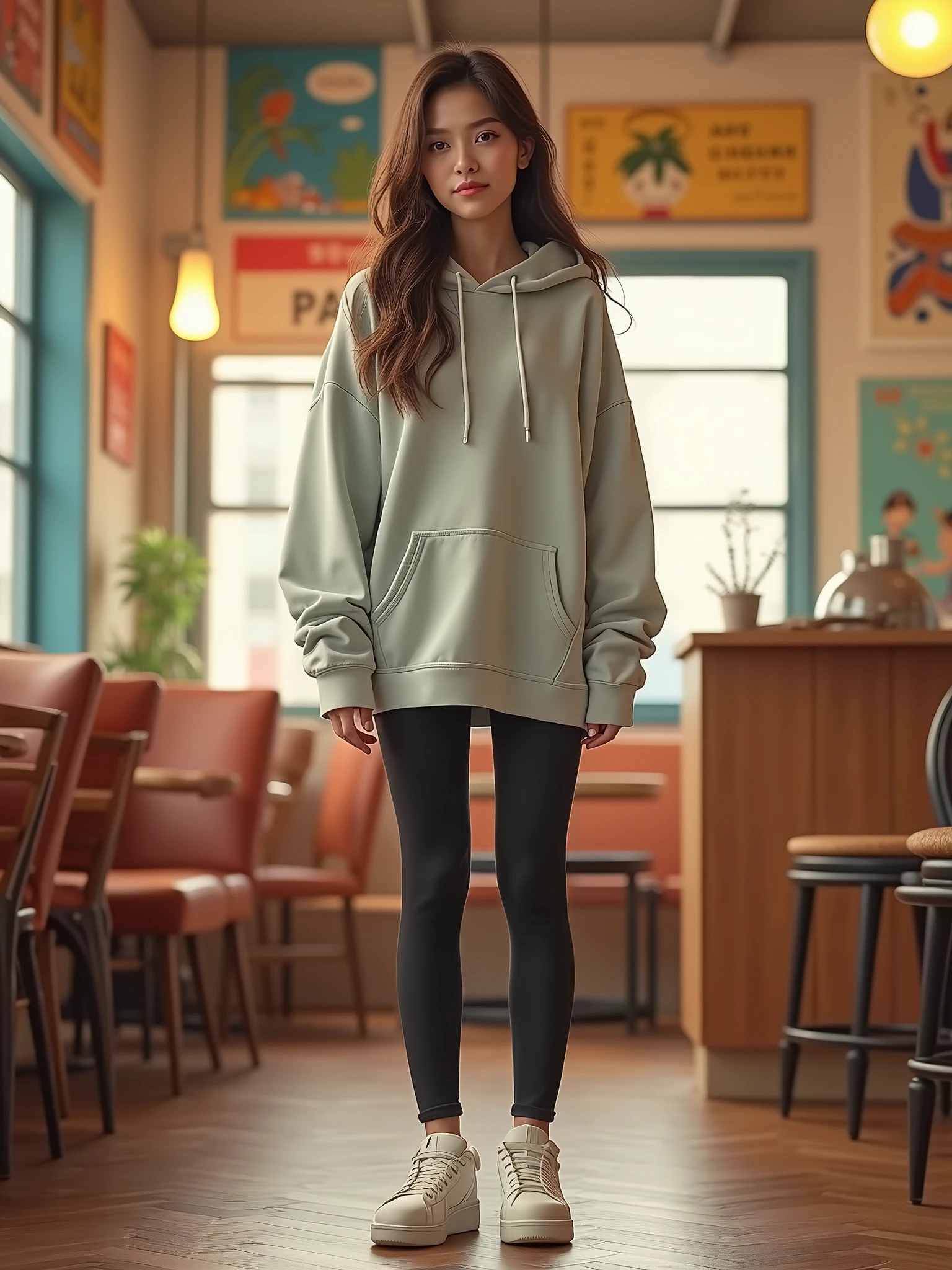 (Realistic, Photorealistic: 1.37), ((highest quality)), ((intricate details)), ((realistic)), absurd resolution,  K-Pop idol, 18 years old, young , sexy woman, point view, highly detailed photo, one girl, medium breast, wearing Oversized hoodie with leggings, paired with white sneakers ,  standing and looking at the viewer,  medium long hair, brown eyes, Detailed indoor background, looking. Viewed from the front,1girl