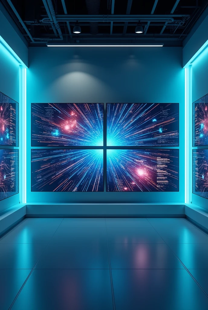 Room with 4 computer screen with advance technology . Without human