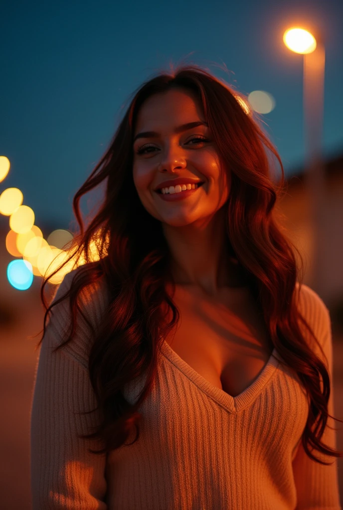 (Style brut, head of'artwork, best quality, ultra-detailed), latina , 28 ans, brune, publishes outdoors, deep v sweater, tetas grandes, beautiful night, cheerful and happy, ciel clair, analog style, (Texture de la peau, grain de film), cinematic light, side lighting, ultra haute résolution