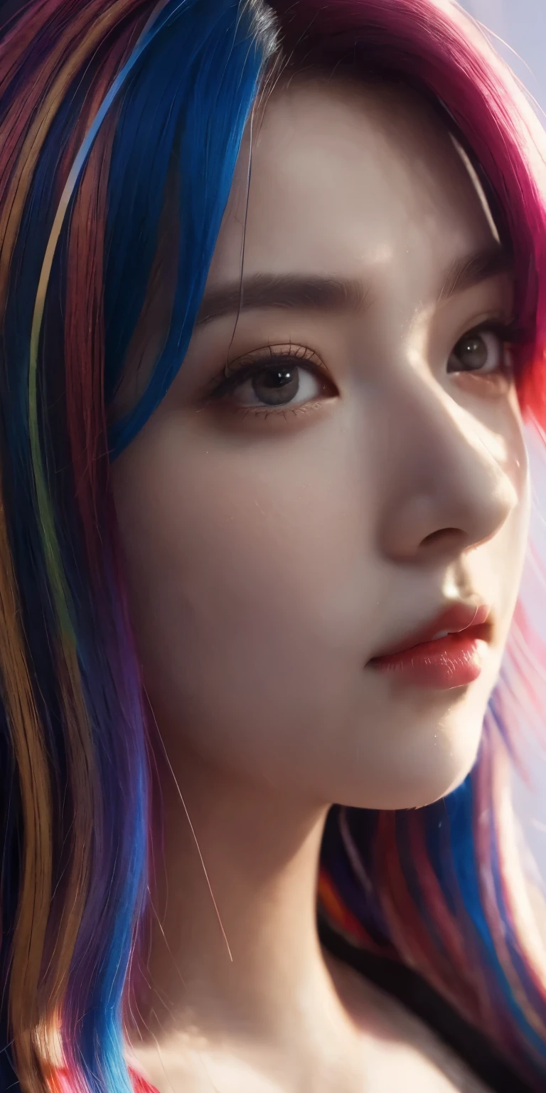 multicolored hair, Hair Ribbon, surrealism, movie lights, enlargement, uhd, high details, masterpiece  