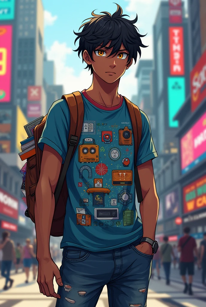 A young tanned dark-skinned man appears with slightly messy wavy black hair, falling on his forehead. He wears thin, rectangular-framed glasses., that highlight their bright yellow eyes, full of curiosity and intelligence. Wearing a geek-themed printed t-shirt and distressed jeans, he carries a backpack full of books and gadgets. His reserved expression and slightly hunched posture indicate long hours dedicated to study and technology., while his focused gaze reveals the agile mind of someone always ready to learn more. (アニメ)