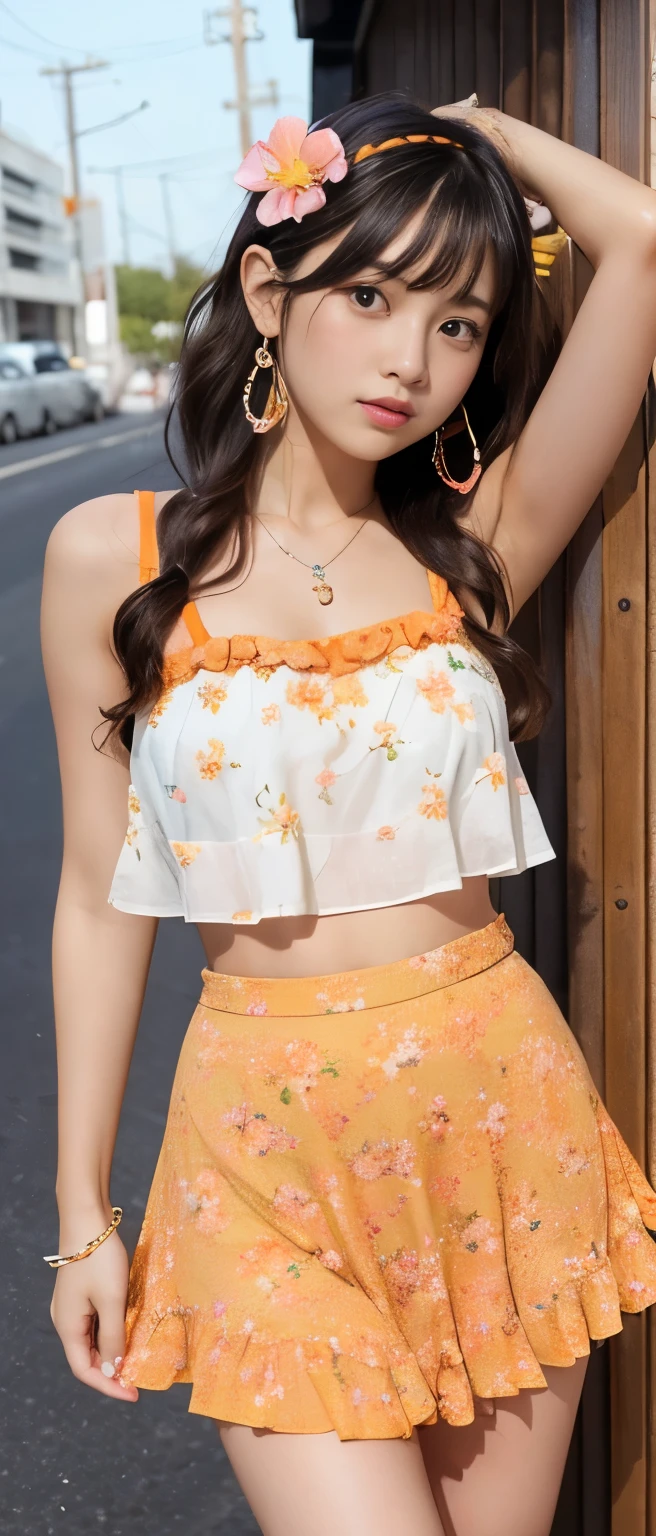 Gorgeous idol girl、whole body、Good style、、、、、、、、、、Thick legs、、Shiny orange mini skirt、Floral frill tank top(white)、、Cool girl face、、Southern Island、Wavy Hair、flower accessory