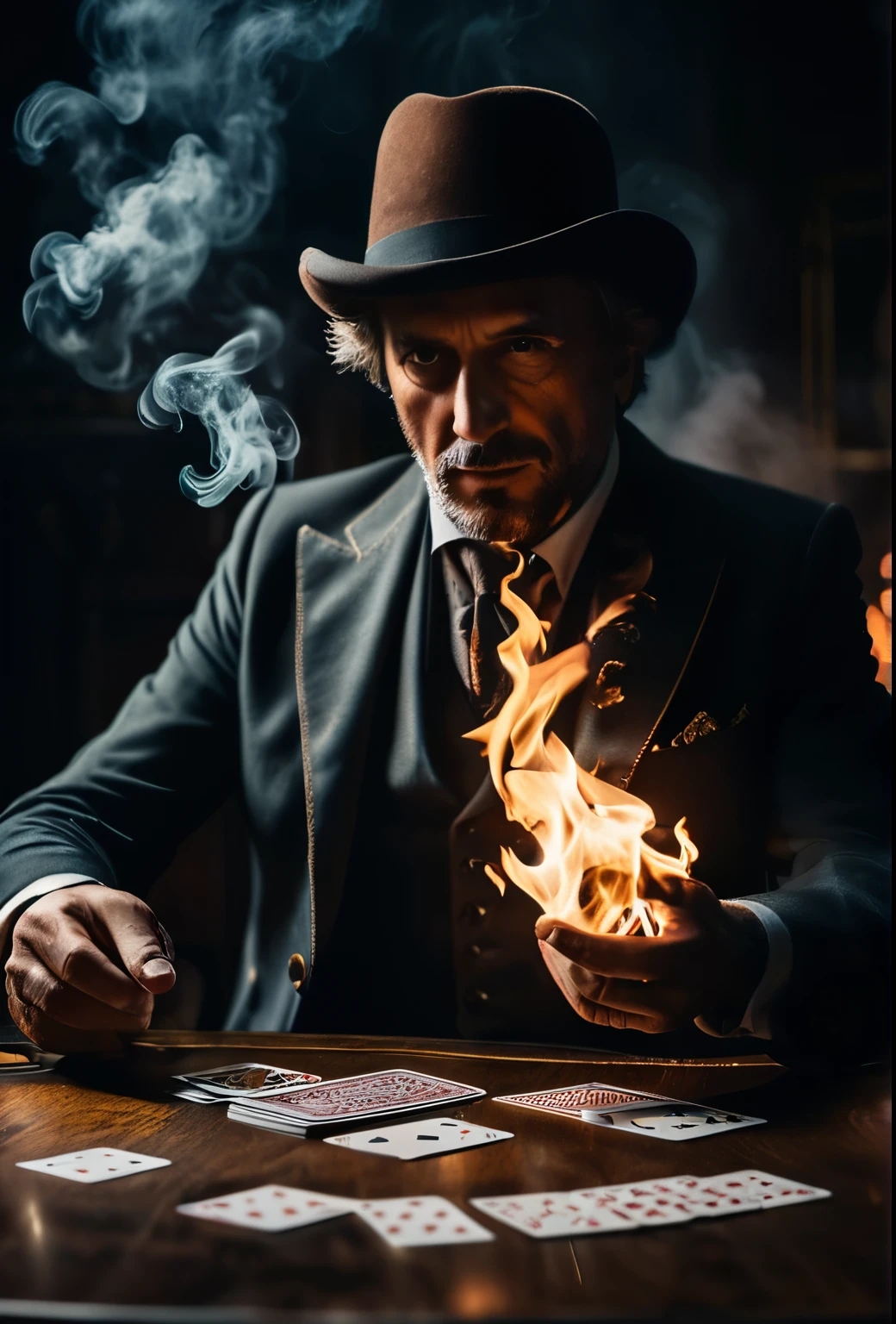 The magician skillfully manipulates the deck of cards, card on fire, smoke rising, cinematic shot + dynamic composition, incredibly detailed, sharpen, details + intricate detail + professional lighting, film lighting + 35mm + anamorphic + lightroom + cinematography + bokeh + lens flare + film grain + HDR10 + 8K + Roger Deakins, ((cinematic))