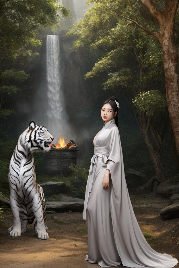 Create a realistic ancient Chinese Tang Dynasty picture of a beautiful young woman in a gray hunter's robe standing in the forest, with a white tiger standing in front of her licking her face, beside which is a burning fire. A rich young woman in a red silk dress sits at the fire, looking wary, staring at the young woman and the tiger. The surrounding environment looks dark and mysterious. The white tiger looks large and scary, but the young woman looks calm and unafraid, conveying the relationship between humans and wild animals in an interesting and charming way.